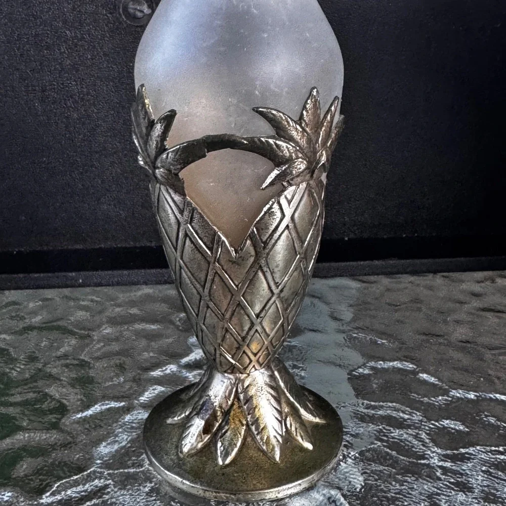 Vintage Silverplate Pineapple Bud‎ Vase Frosted Glass Made in Japan